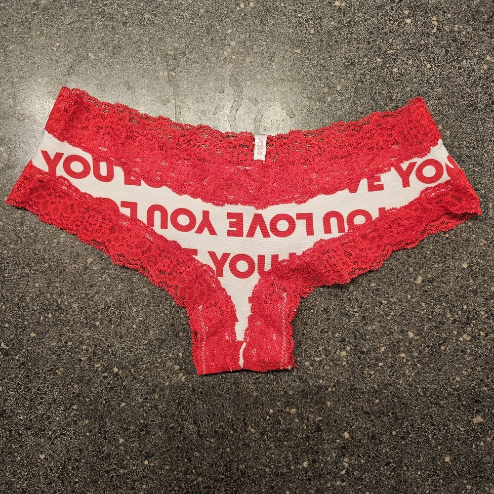 Pink by Victoria Secret, small, red and white lace cotton thong.